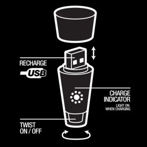Diagram showing Bottle Light parts. Recharging USB Plug. Charging indicator. LED.