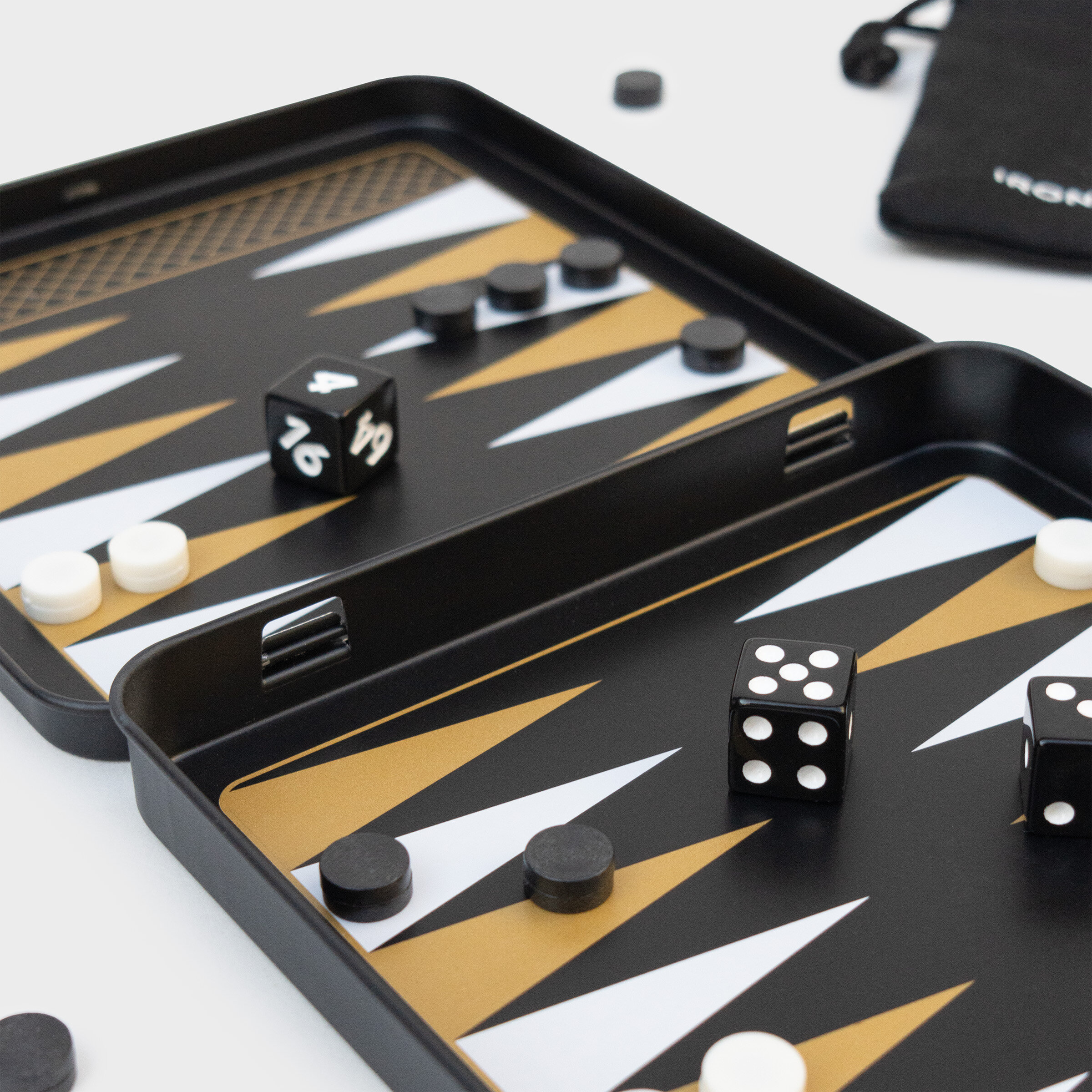 Backgammon Travel Game Tin Dice Gold Iron and Glory