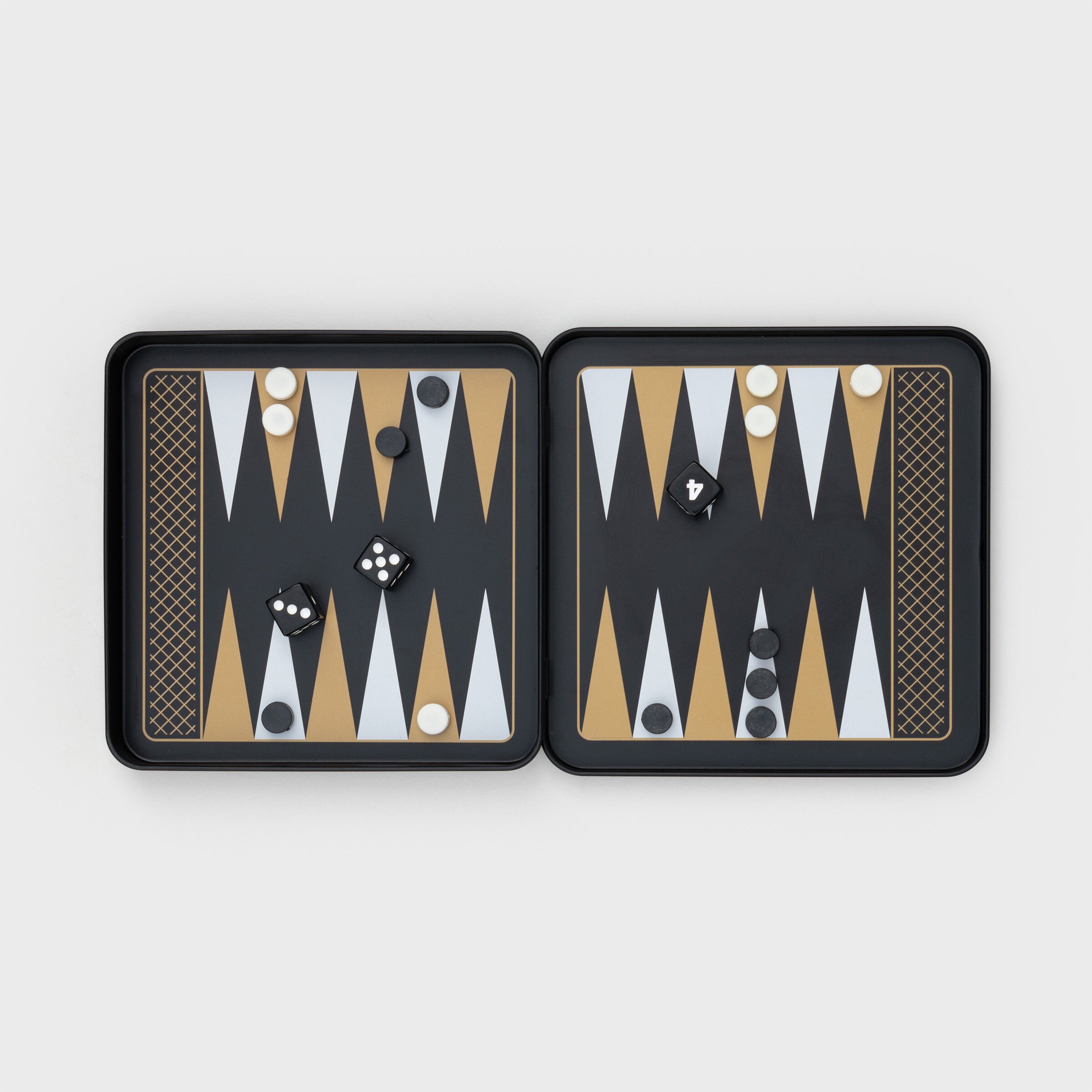 Backgammon Travel Game Tin Dice Gold Iron and Glory