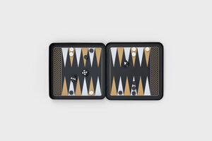 Backgammon Travel Game Tin Dice Gold Iron and Glory